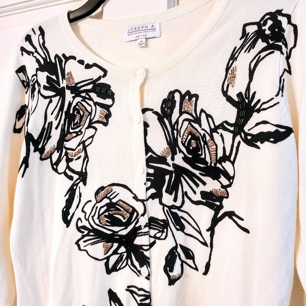 Joseph A. Creamy White Button-Up Sweater w/ Black Floral & Gold Beaded Design - Picture 6 of 7